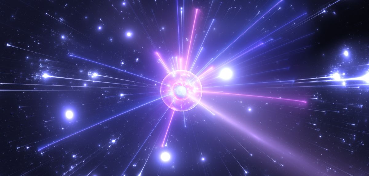 Artistic image showing a laser beam hitting an atom, causing it to emit pulses of light and smaller sub-atomic particles.
