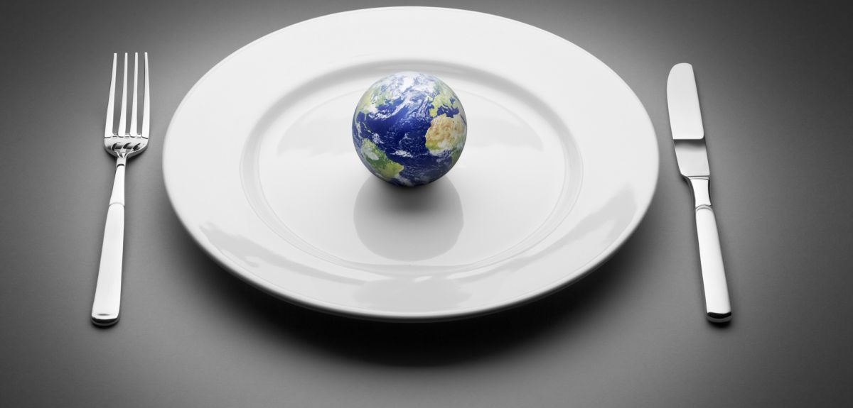 A 3D model of the Earth on a white china plate with a knife and fork either side.