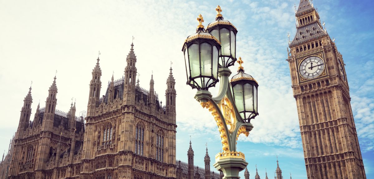 Big Ben and the houses of parliament in London, with an ornate lamppost in the foreground. 