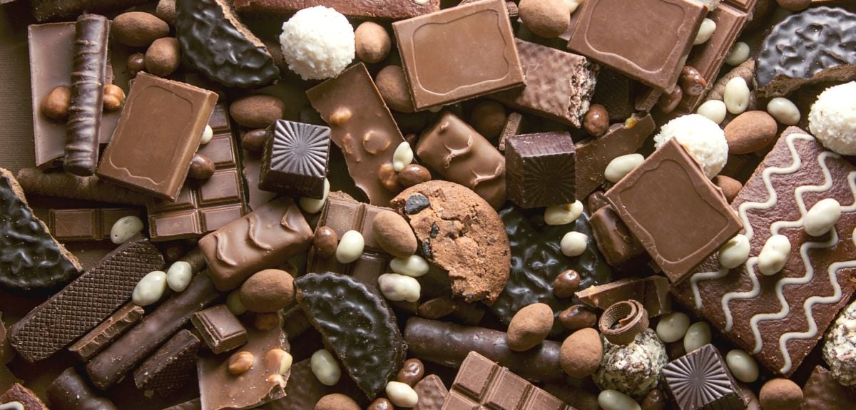 Assorted chocolate biscuits, pralines and bars.