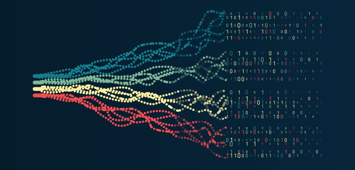 Streams of flowing data resolve into 0 and 1 integers. Credit: Shutterstock.