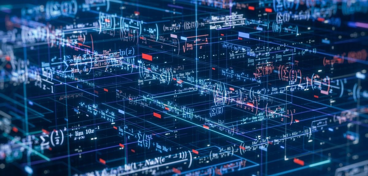 Visualisation of a complex futuristic network overlaid with math expressions and equations.