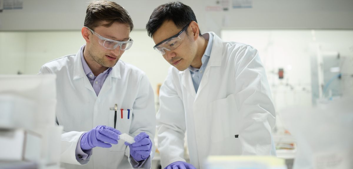 Two male researchers wearing laboratory coats and wearing latex gloves examine a plate of samples.