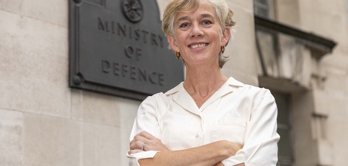 Picture shows Dame Angela McLean standing in front of the Ministry of Defence