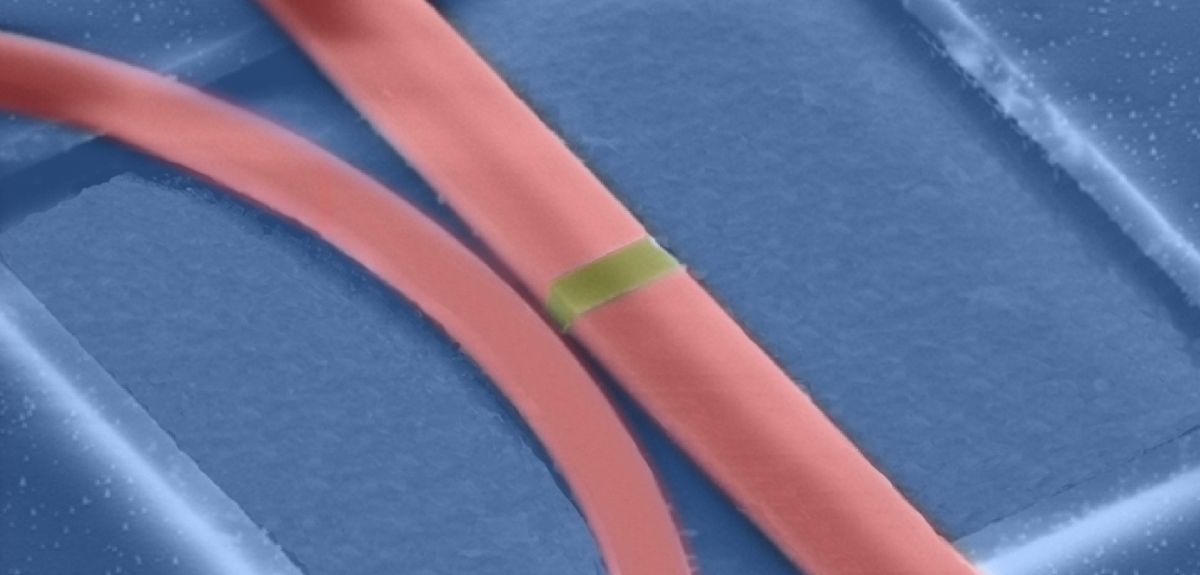 A scanning electron microscope image of the device. The GST phase-change material, highlighted in yellow, sits on top of the silicon nitride waveguide, highlighted in red.