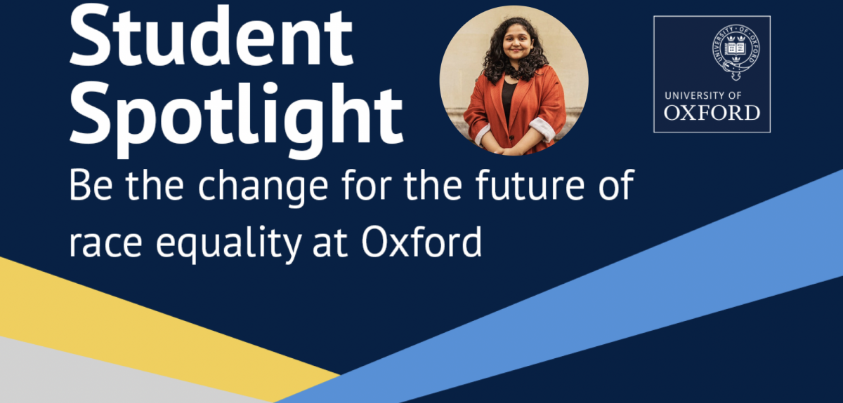Student spotlight banner with an image of Devika, VP for Graduates at the Oxford SU