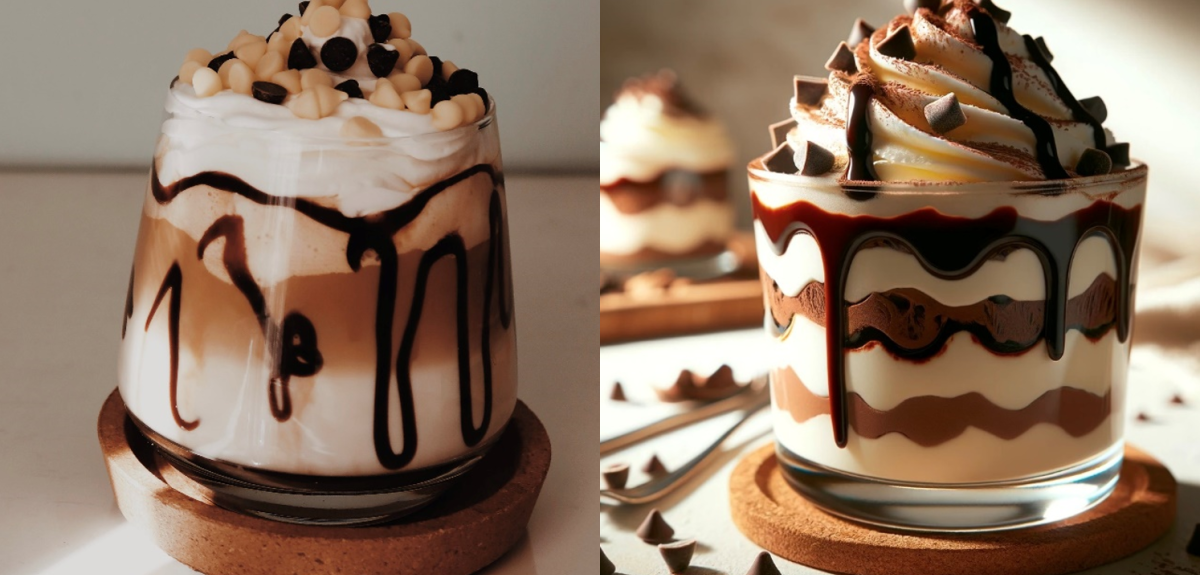 Two images of a rich and creamy layered dessert in a clear glass, with visible layers of chocolate and vanilla cream. The dessert is topped with a generous amount of whipped cream, drizzled with chocolate sauce that gracefully runs down the sides.