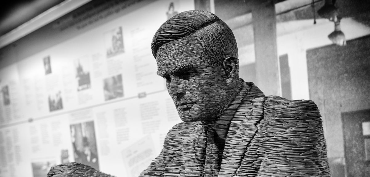 Slate statue of Alan Turing in Bletchley