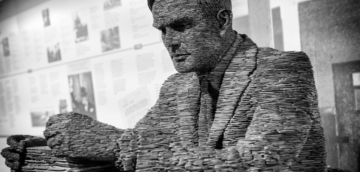 Slate statue of Alan Turing in Bletchley