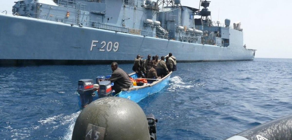 EU Naval Force intercept suspected pirates near Somali coastline.
