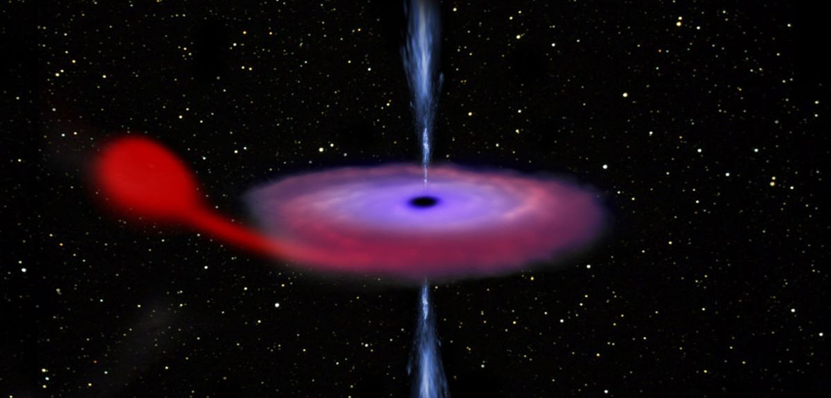 Artist’s impression of a black hole feasting on matter from its companion star in a binary system.