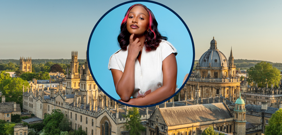 An image of DJ Cuppy against a blue background, interposed on a background of the Oxford skyline