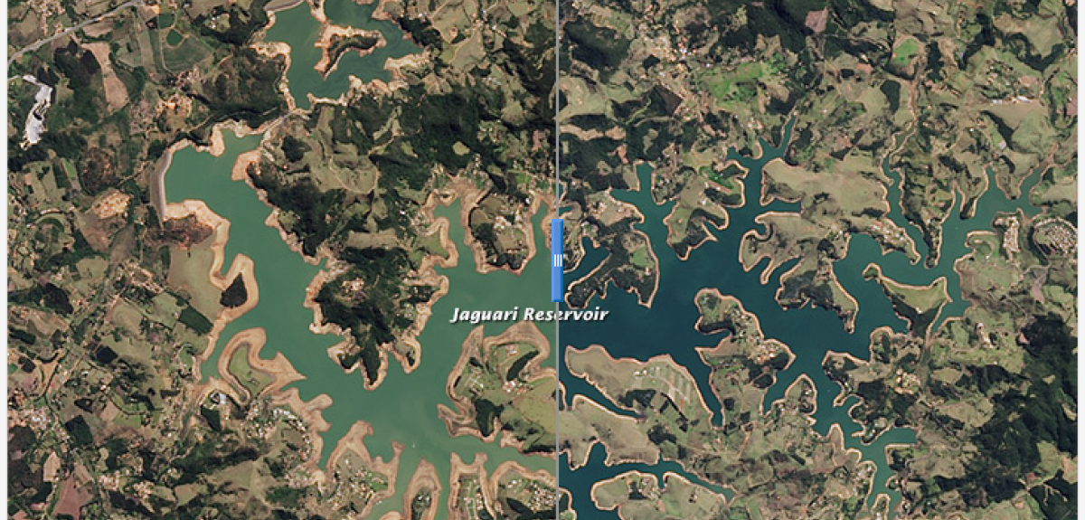 The Jaguari Reservoir in Brazil. The left side image shows the area on August 3, 2014; the right side image shows the same area on August 16, 2013, before the recent drought began. Credit: NASA.
