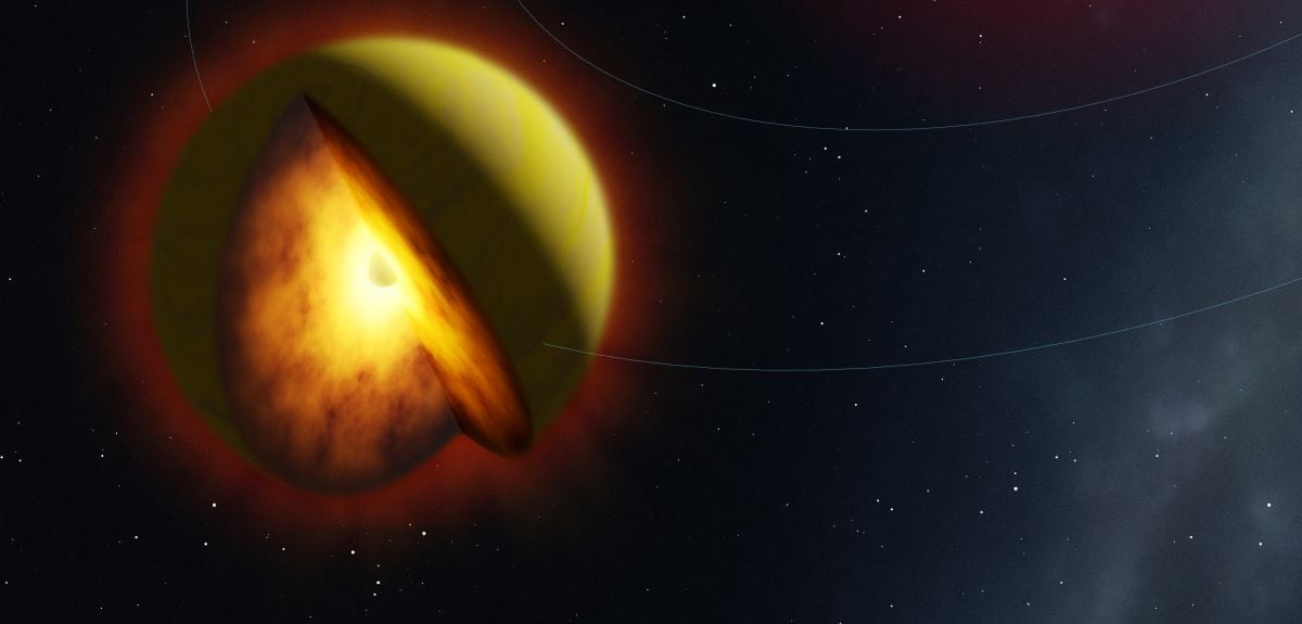 Artistic illustration showing a yellow planet illuminated by an out-of-shot sun, with a cut away revealing a core of glowing magma.