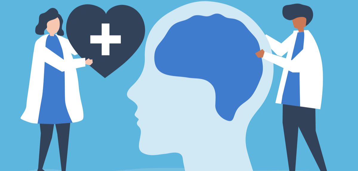 Illustration showing neuroscientists holding icons of a heart and brain