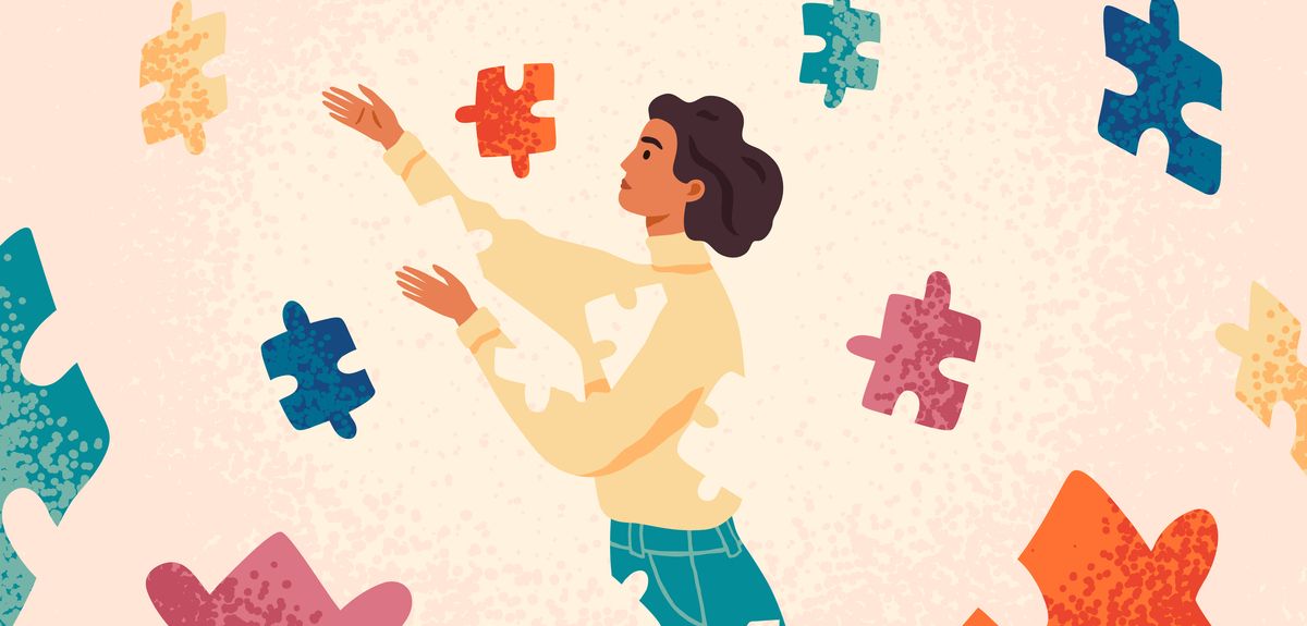 Artist's image depicting a young woman surrounded by the jigsaw pieces of good mental health and mindfulness