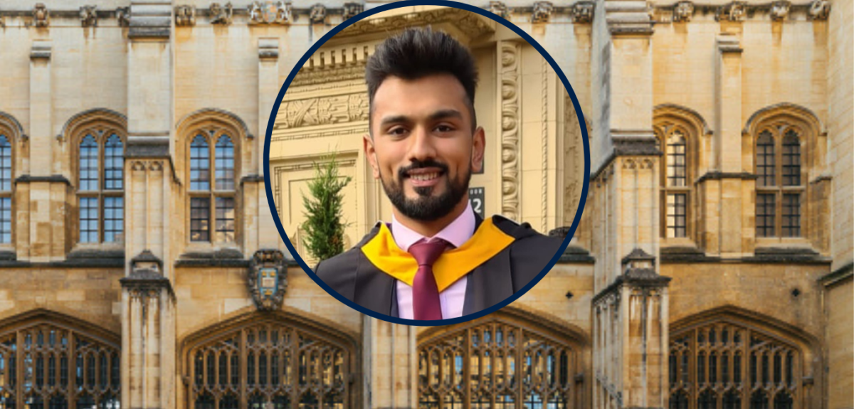 Saqlain Choudhary's profile image, against a background image of the Divinity Schools