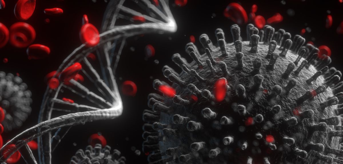 Artist's impression of coronavirus with DNA strands and blood cell antibodies