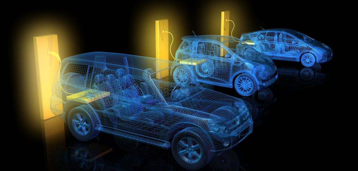 3d render of electric cars charging from large glowing yellow battery outlets