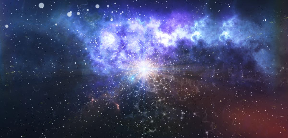 3D illustration of the dark matter explosion and creation of the universe with billions of cosmic atoms, flying meteors, a lot of of light elements, and halos of new stars