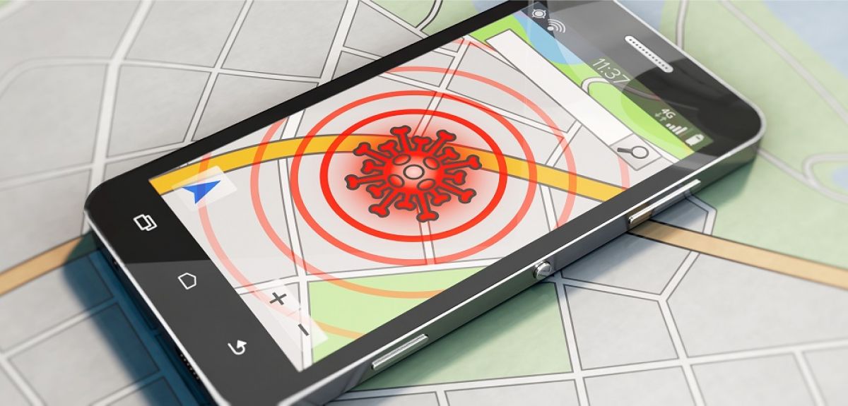 Illustration of contact tracing app on top of a street map