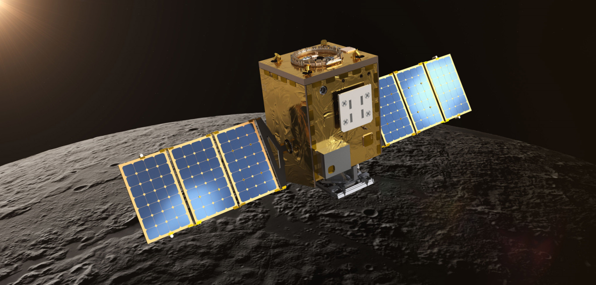 A spacecraft shaped like a box with two arms in orbit above the Moon's surface.