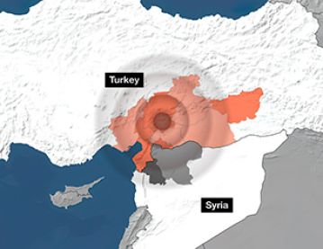 Earthquake zone in Turkey and Syria Feb 2023