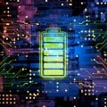Abstract illustration of a glowing battery icon overlaid on a circuit board with neon lines and light points suggesting energy flow.