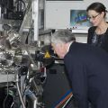 The pictures show Sir Michael Fallon inspecting a Pulsed Laser Deposition system in the Centre for Applied Superconductivity with Professor Susannah Speller from the Oxford University Materials Department.