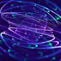 Artistic abstract image showing glowing, neon lines curling around each other to give the impression of a spiral vortex, illuminated by two lights in the background.