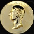The Royal Astronomical Society Gold Medal. It is round, shiny and golden and has the outline of a man’s head viewed from the side.