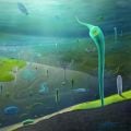 Artistic illustration depicting an ocean between 554 and 539 million years ago. The seabed is covered with worm-like creatures anchored to the ground at one end. There are also disc-shaped animals on the ground and lozenge-shaped swimming creatures.