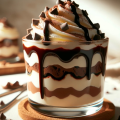 A rich and creamy layered dessert in a clear glass, with visible layers of chocolate and vanilla cream. The dessert is topped with a generous amount of whipped cream, drizzled with chocolate sauce that gracefully runs down the sides.