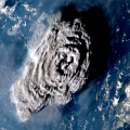 The Hunga Tonga–Hunga Haʻapai eruption as seen by Japan's Himawari-8 satellite, at 05:40 UTC on 15th January (about 1 hour 35 minutes into the eruption). Image credit: Simon Proud / STFC RAL Space / NCEO / JMA.