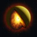 Artistic illustration showing a yellow planet illuminated by an out-of-shot sun, with a cut away revealing a core of glowing magma.
