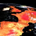 An overhead image of Europe during a heatwave, with countries coloured yellow, orange and red. Image credit: Shutterstock.