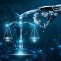 A robot hand touching the scales of justice