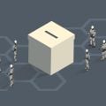 Illustration of a ballot box surrounded by robots. Credit: mathiswork, Getty Images